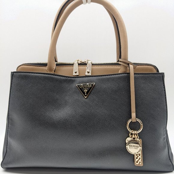 GUESS Ynes Girlfriend saffiano faux-leather satchel bag purse -BLACK/TAN - Picture 1 of 12